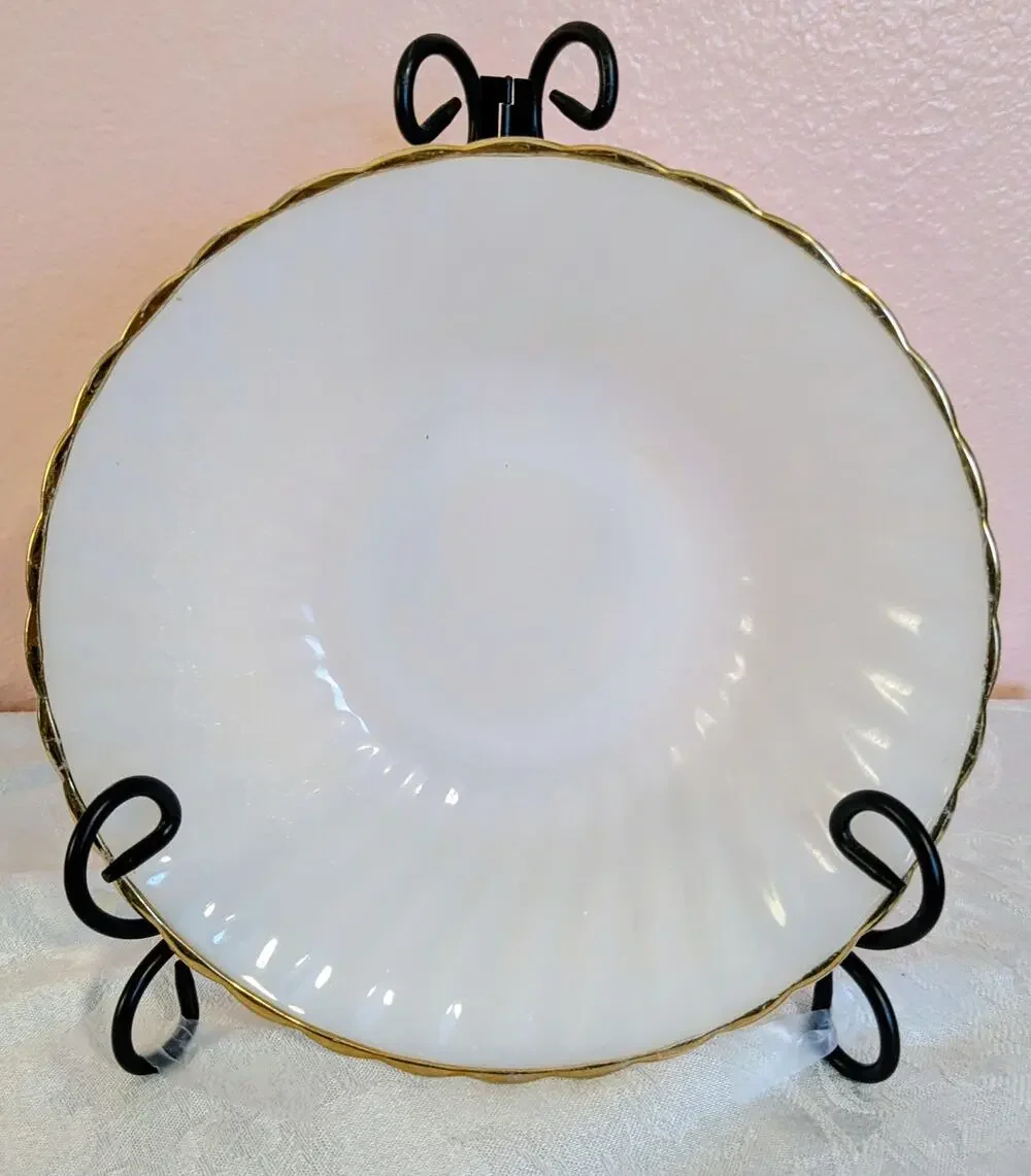VTG Fire-King Anchor Hocking Golden Shell Milk Glass Bowl Gold Trim Swirl USA